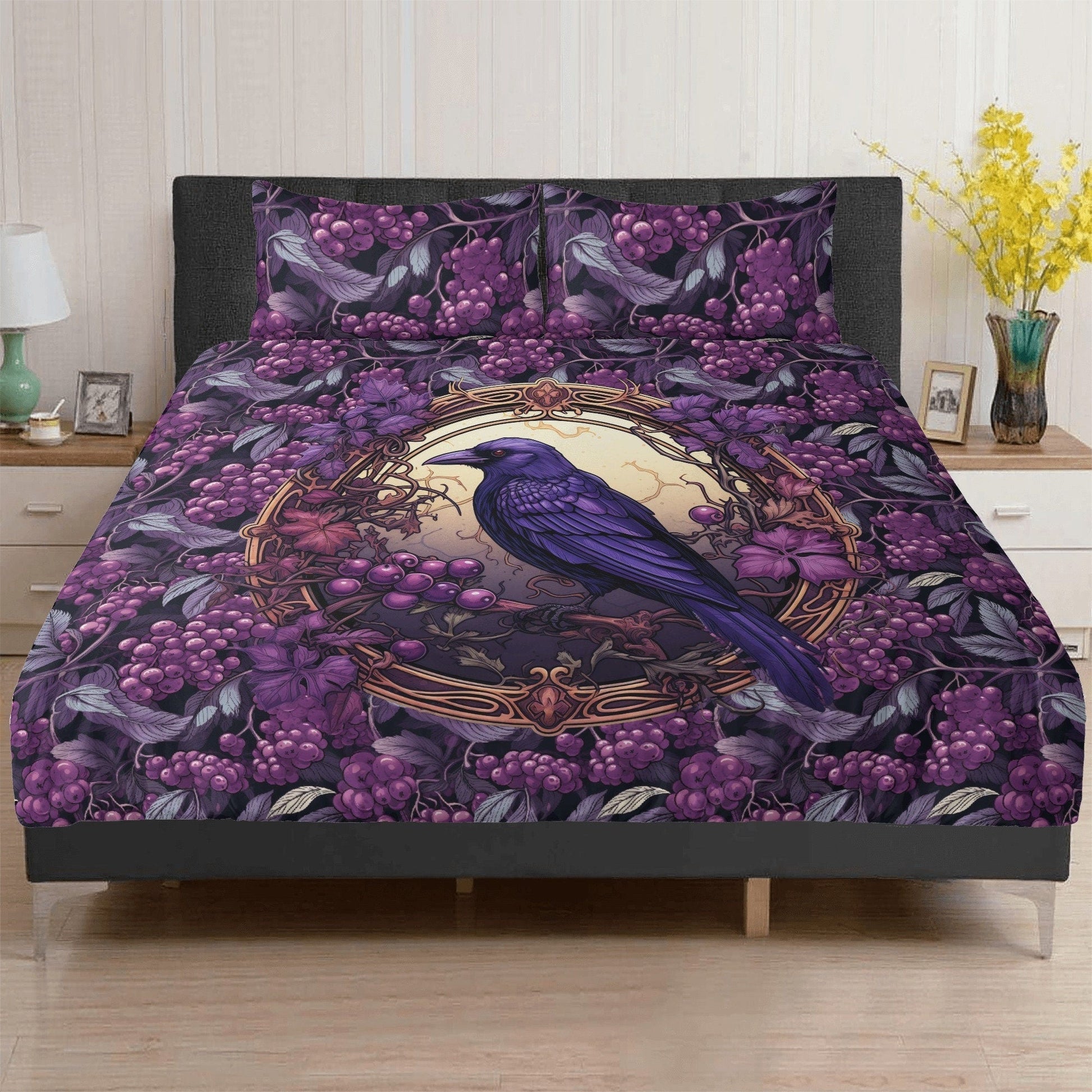 Whimsical Purple Berry Crow Forest 3 Pcs Beddings For Hippies