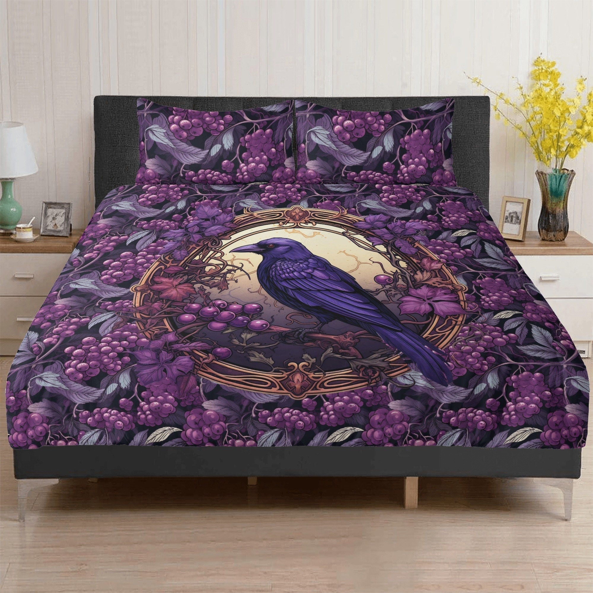 Whimsical Purple Berry Crow Forest 3 Pcs Beddings For Hippies