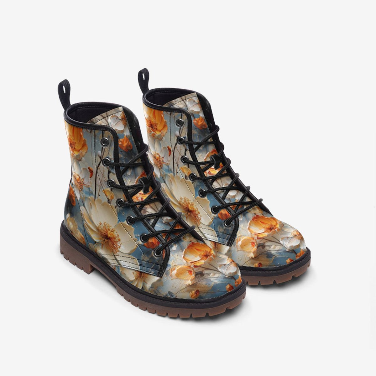 Hippie Art Zone - White Floral Casual Faux Leather Lightweight Boots Streetwear Boots Combat Boots For Hippies