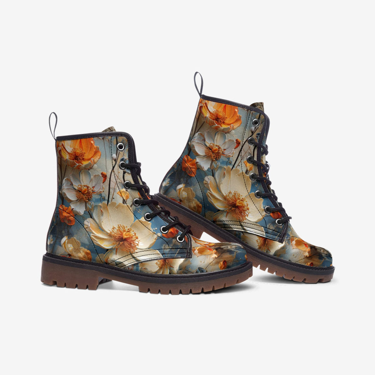 Hippie Art Zone - White Floral Casual Faux Leather Lightweight Boots Streetwear Boots Combat Boots For Hippies