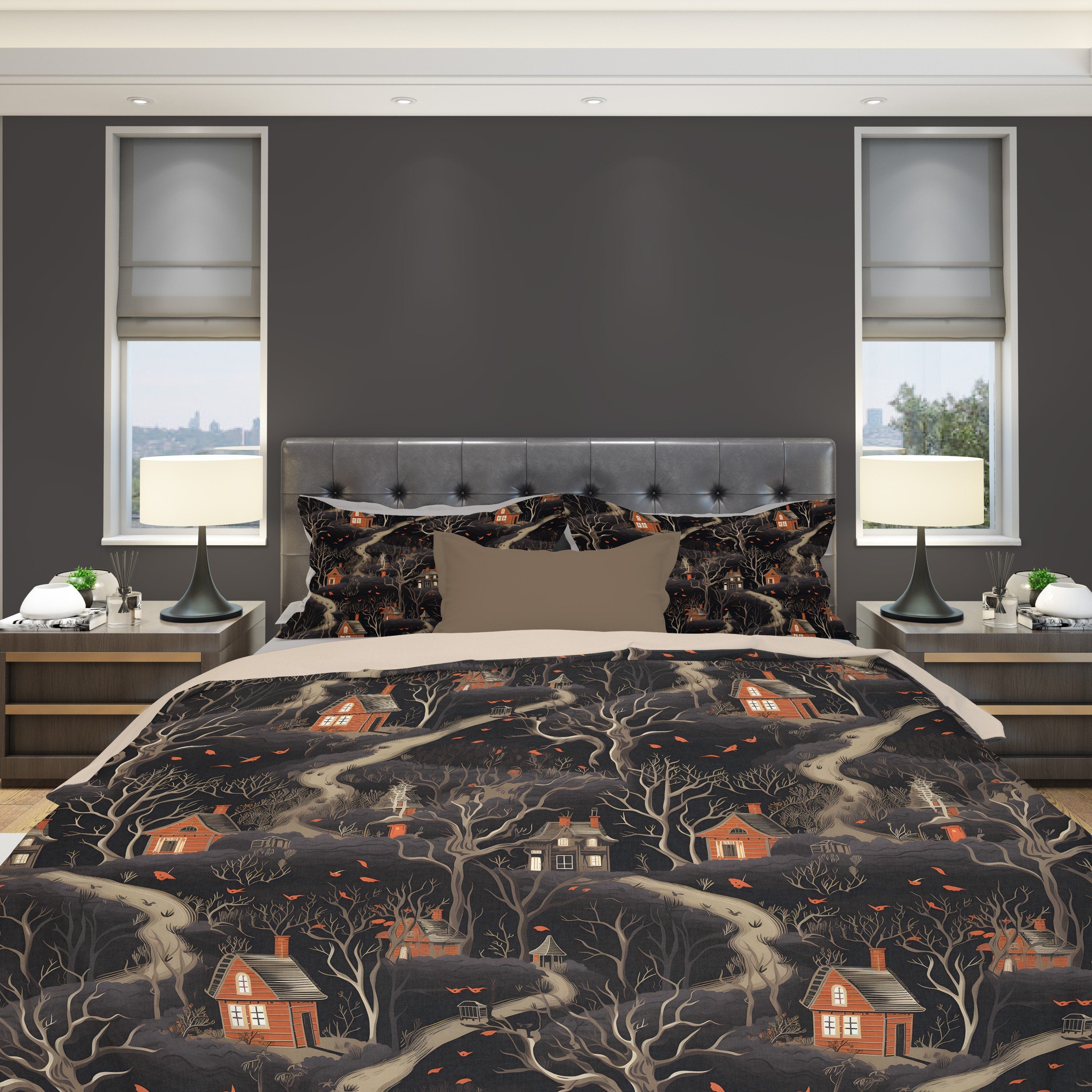 Hippie Art Zone - Witches Woodland, Halloween Witchy Cottagecore Bedding Set For Hippies