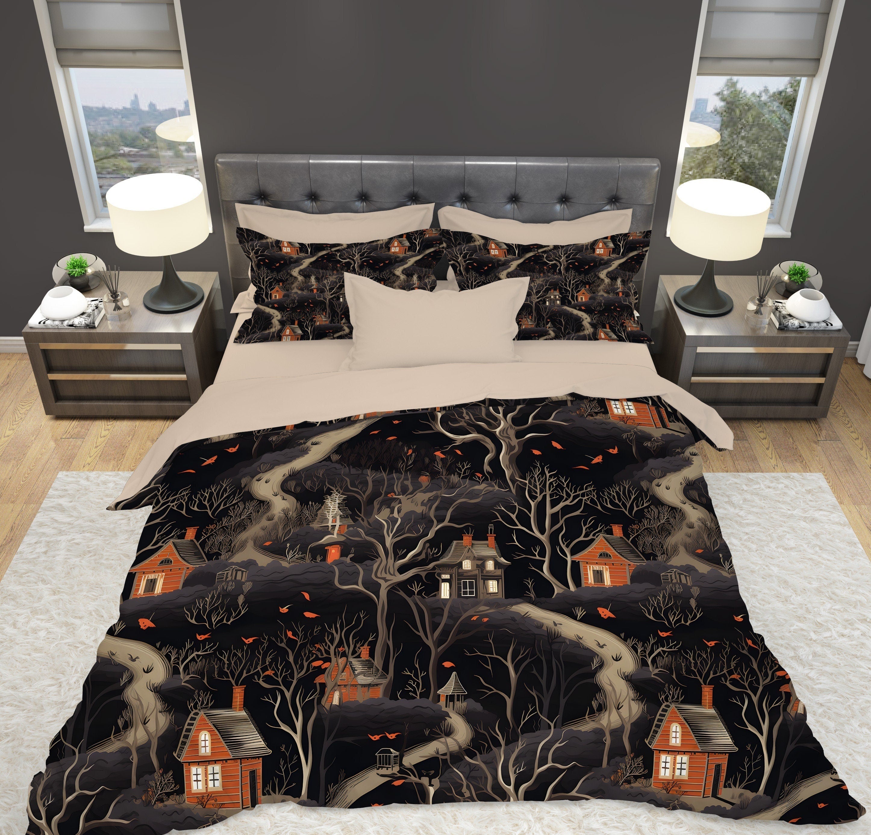 Hippie Art Zone - Witches Woodland, Halloween Witchy Cottagecore Bedding Set For Hippies