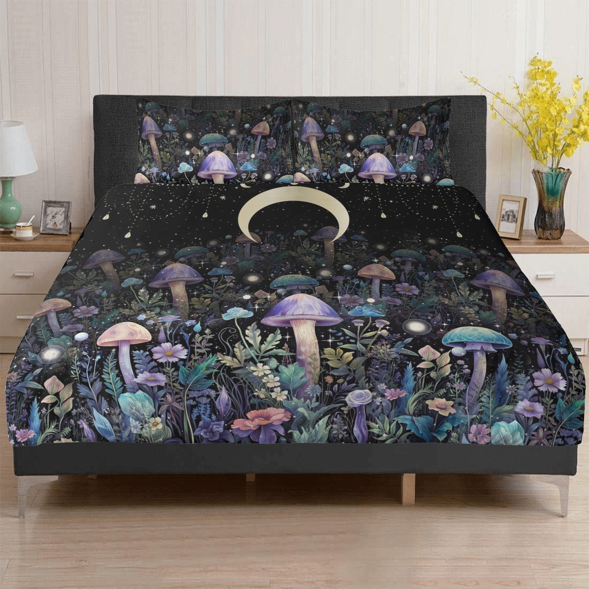 Witchy Mushroom Forest, Celestial Moon Phase Bedding Set For Hippies