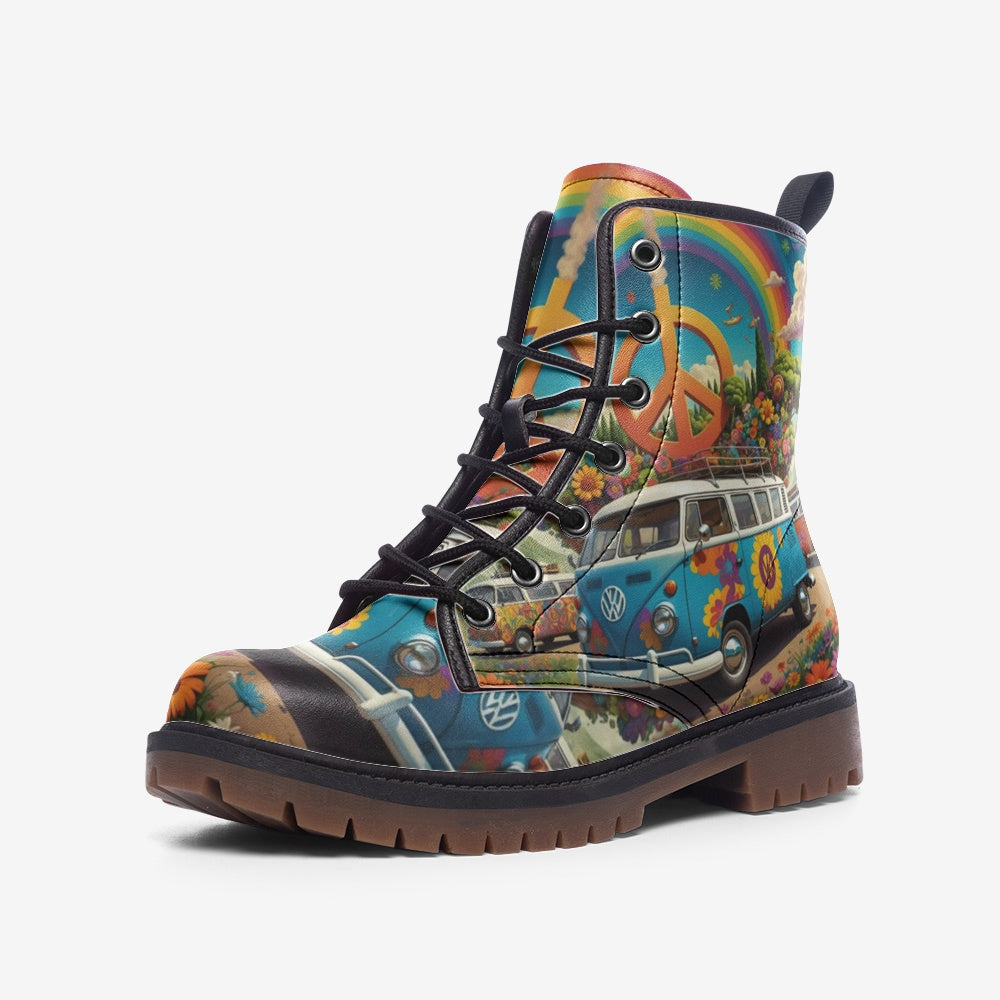 Hippie Art Zone - Volkswagen Van To Hippie Destination Casual Leather Lightweight Boots For Hippies