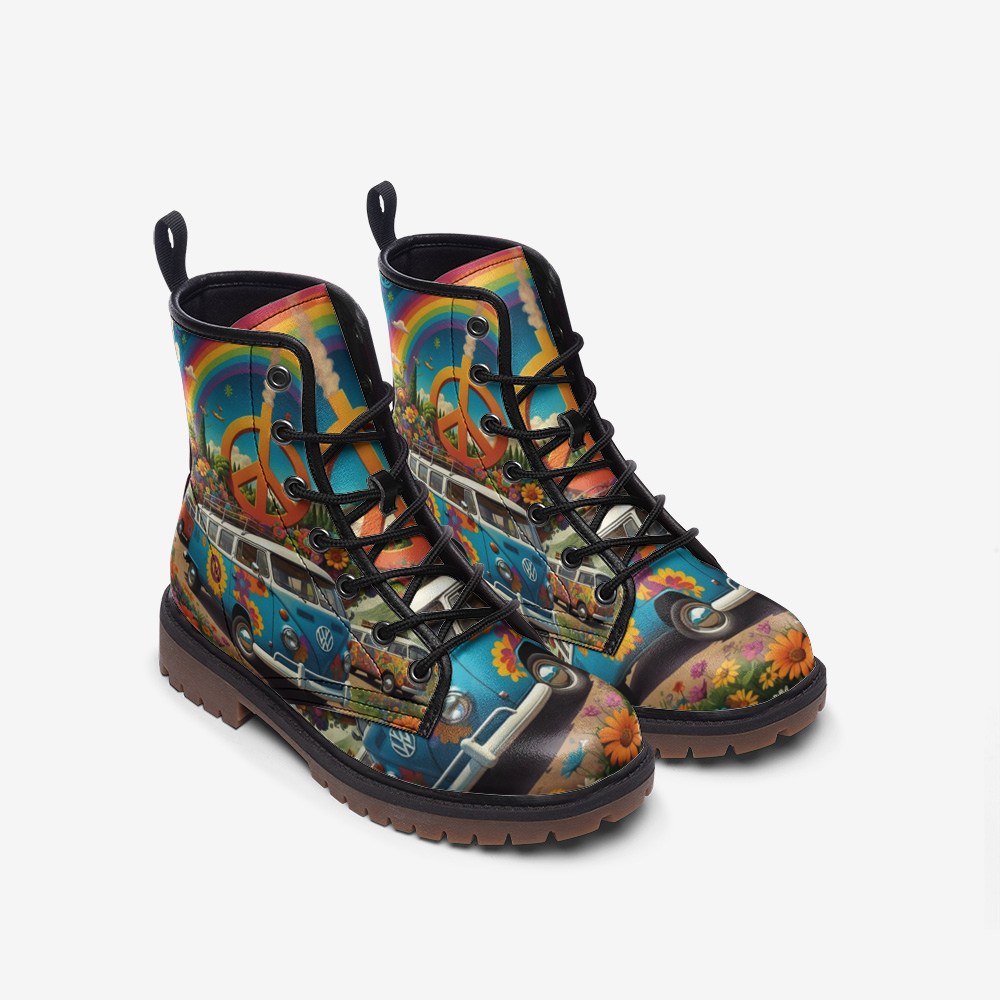 Hippie Art Zone - Volkswagen Van To Hippie Destination Casual Leather Lightweight Boots For Hippies