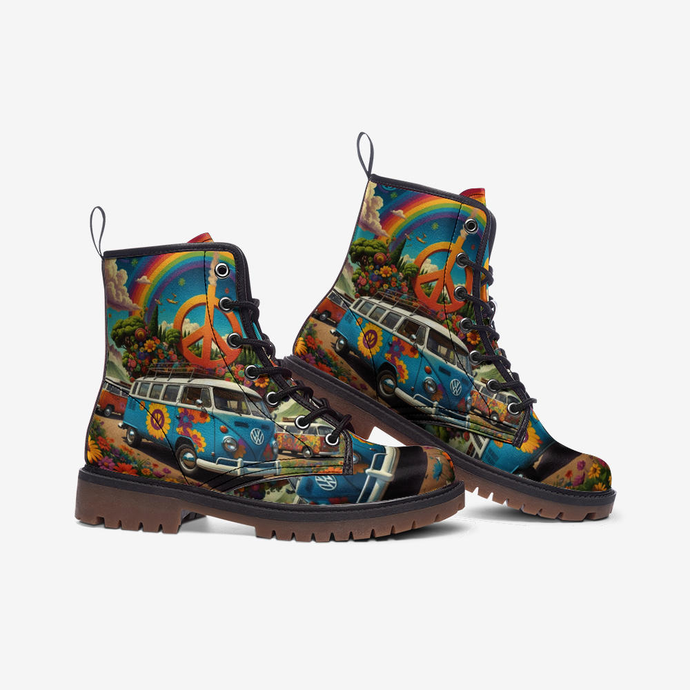 Hippie Art Zone - Volkswagen Van To Hippie Destination Casual Leather Lightweight Boots For Hippies