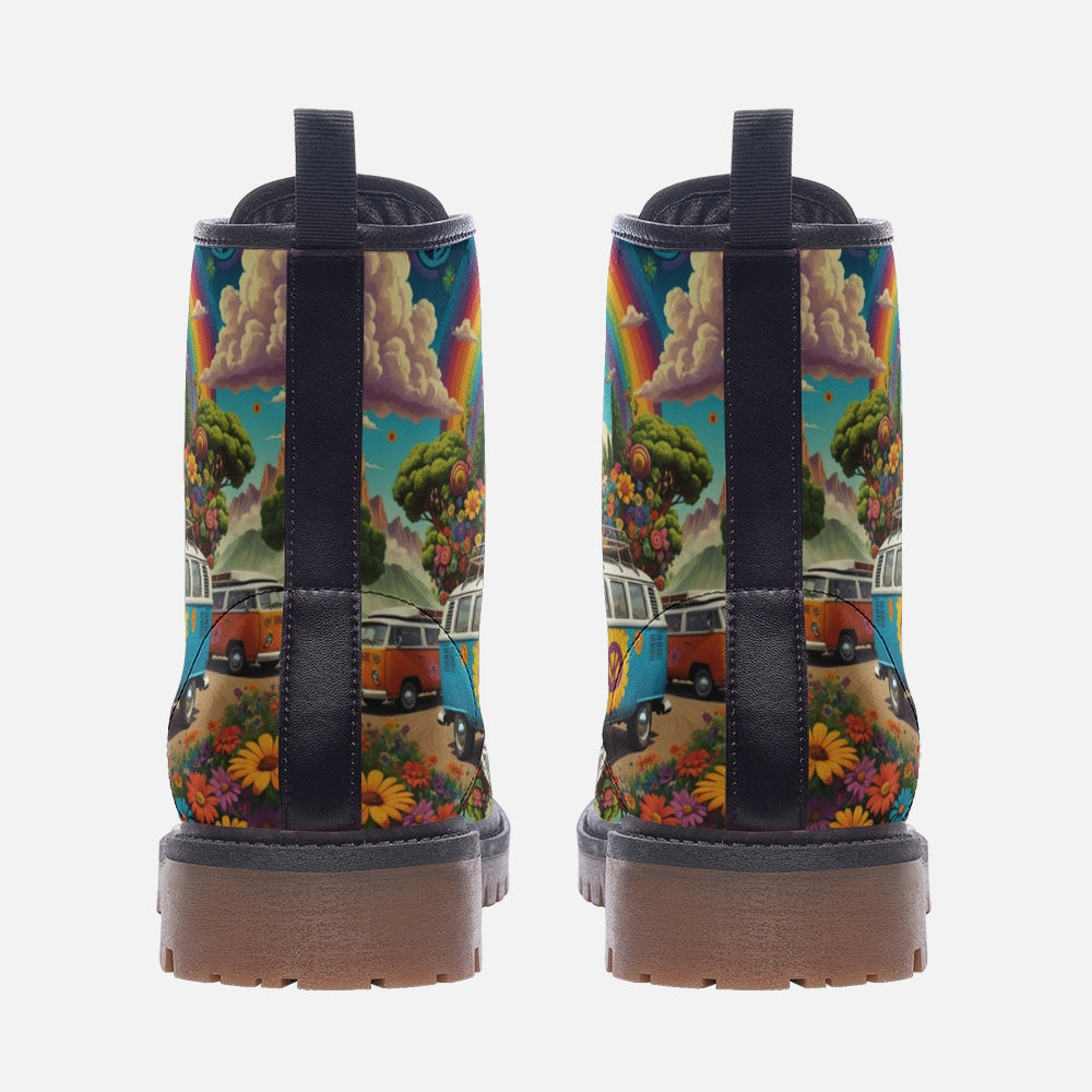 Hippie Art Zone - Volkswagen Van To Hippie Destination Casual Leather Lightweight Boots For Hippies