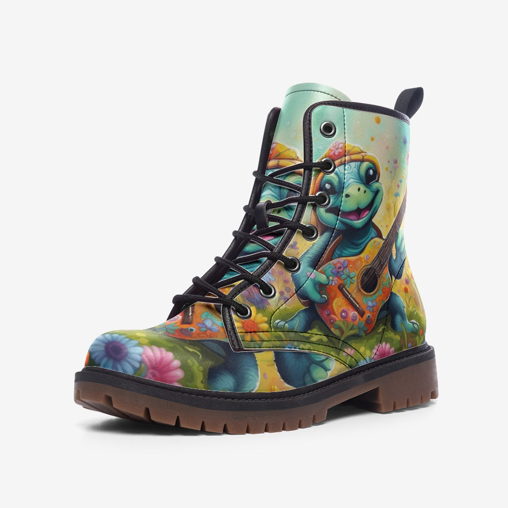 Hippie Art Zone - Hippie Style Turtle With Guitar Casual Leather Lightweight Boots For Hippies