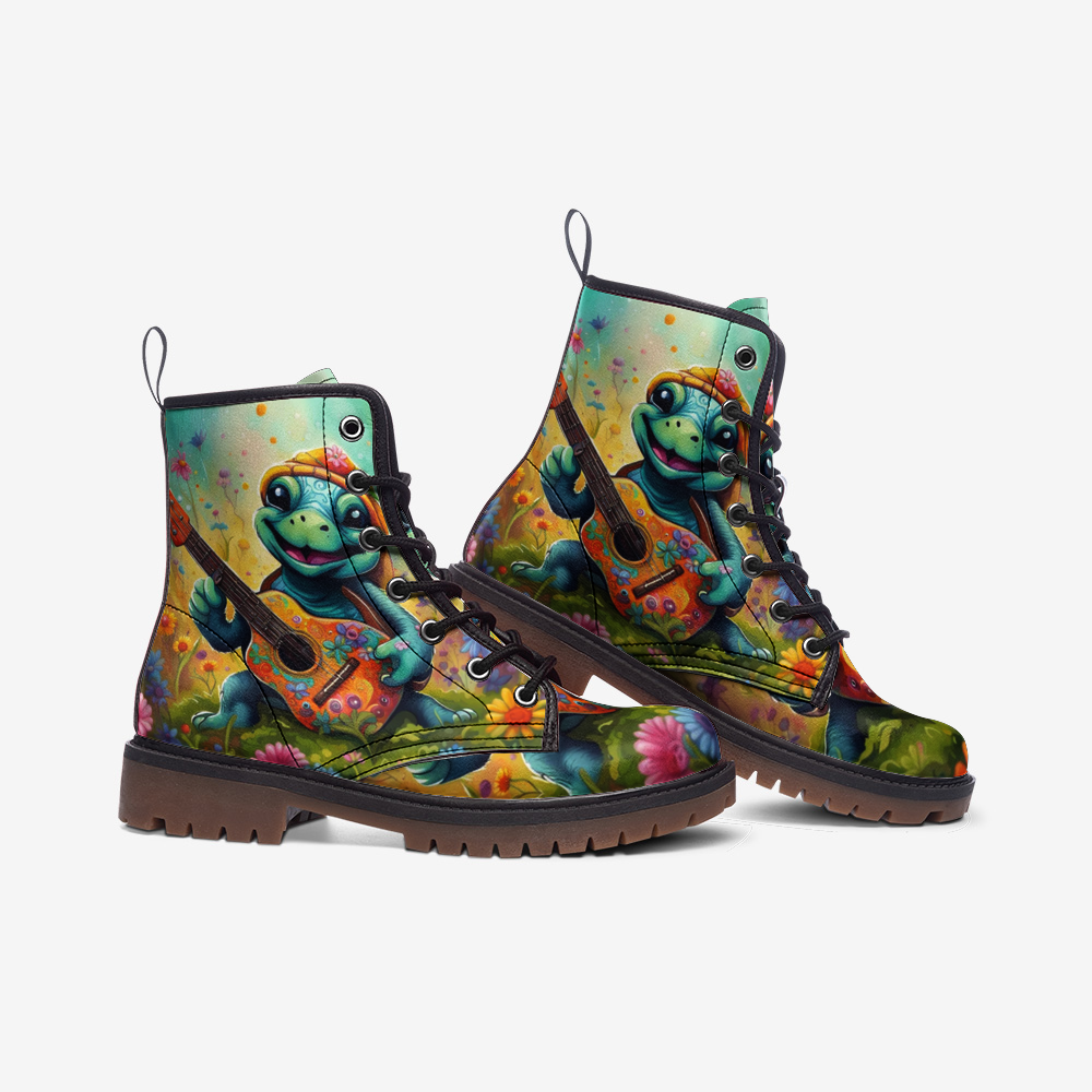 Hippie Art Zone - Hippie Style Turtle With Guitar Casual Leather Lightweight Boots For Hippies