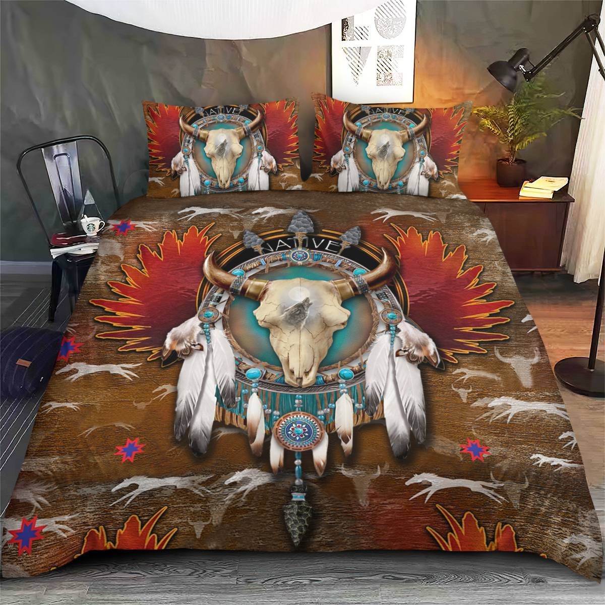 hippieartzone - Native American Bison Skull Bedding Set