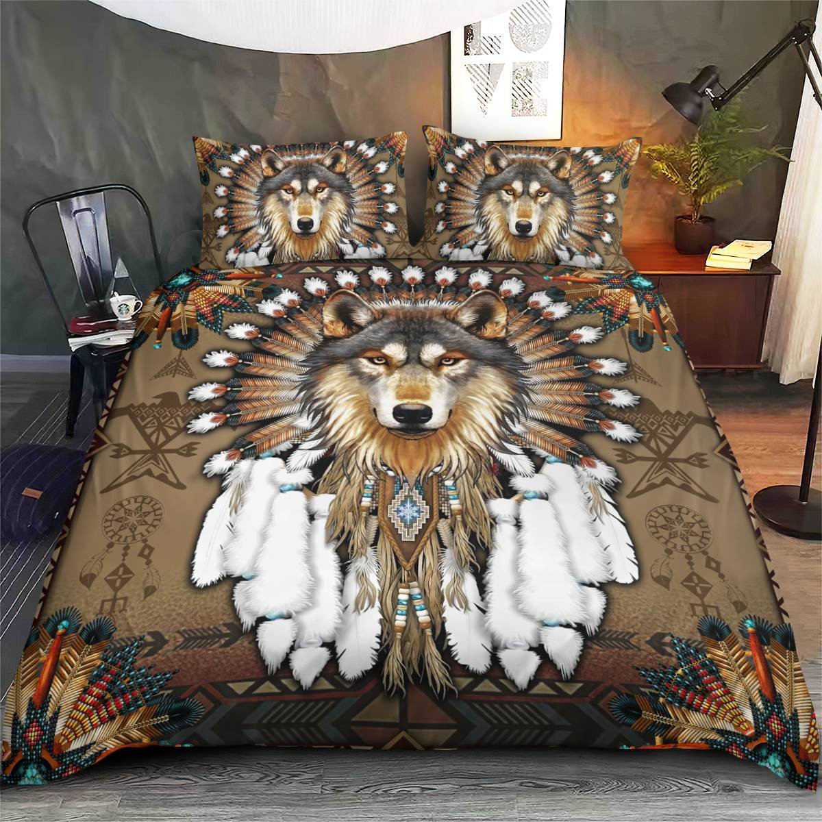 hippieartzone - Native American Wolf Pattern Bedding Set