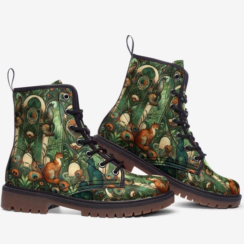 Hippie Art Zone - Art Nouveau Cats In Green And Orange Vegan Leather Boots