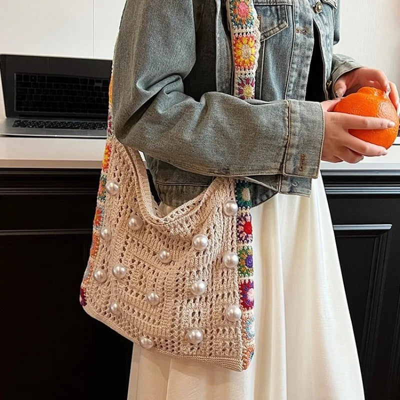 hippieartzone - Casual Hollow Out Pearls Knitted Women Shoulder Bag.