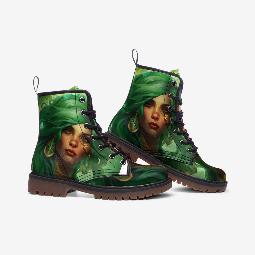 Hippie Art Zone - Green Hair Girl, Blend With The Nature Casual Leather Lightweight Boots For Hippies