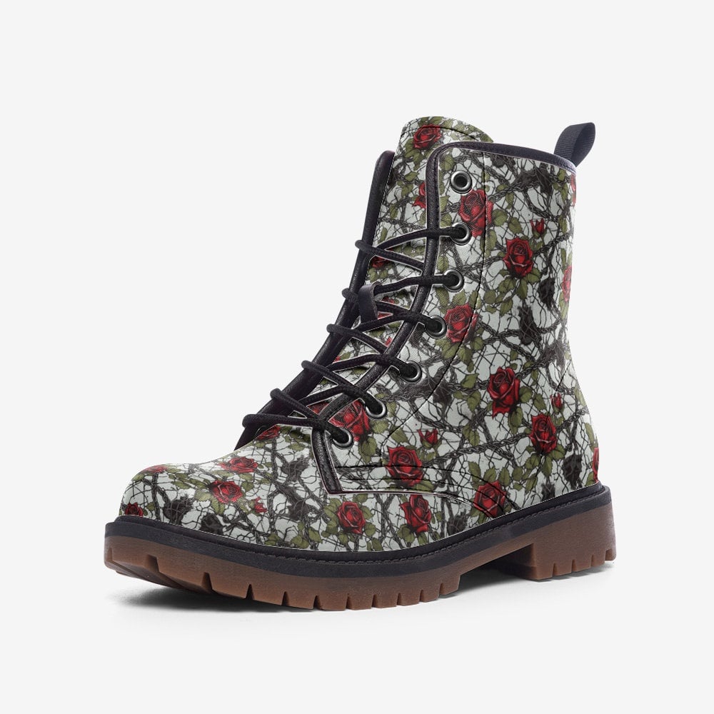 Hippie Art Zone - Barbed Wire Red Roses Boots | Unisex Casual Vegan Leather Lightweight Boots