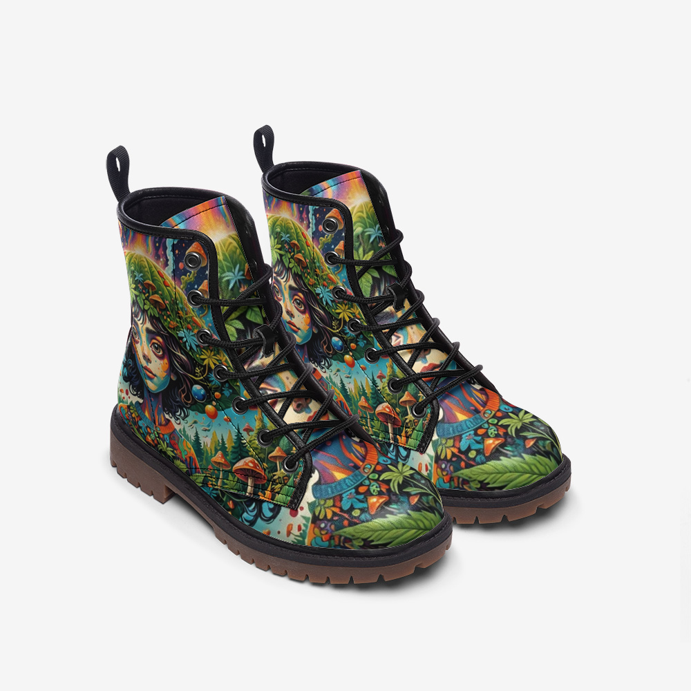 Hippie Art Zone - Mother Nature, Mushroom Girl Leather Lightweight Boots for Hippies