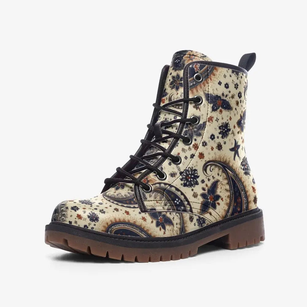 Hippie Art Zone - Beige And Blue Paisley Bandana Vegan Leather Boots