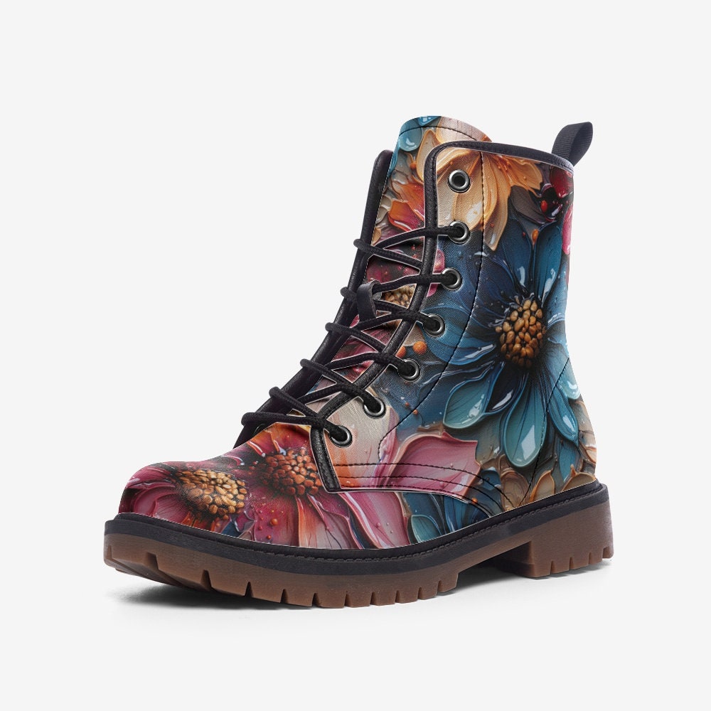 Hippie Art Zone - Big Floral Casual Faux Leather Lightweight Boots