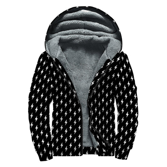 Black And White Lightning Pattern Print Sherpa Lined Zip Up Hoodie For Boho Hippie Autism