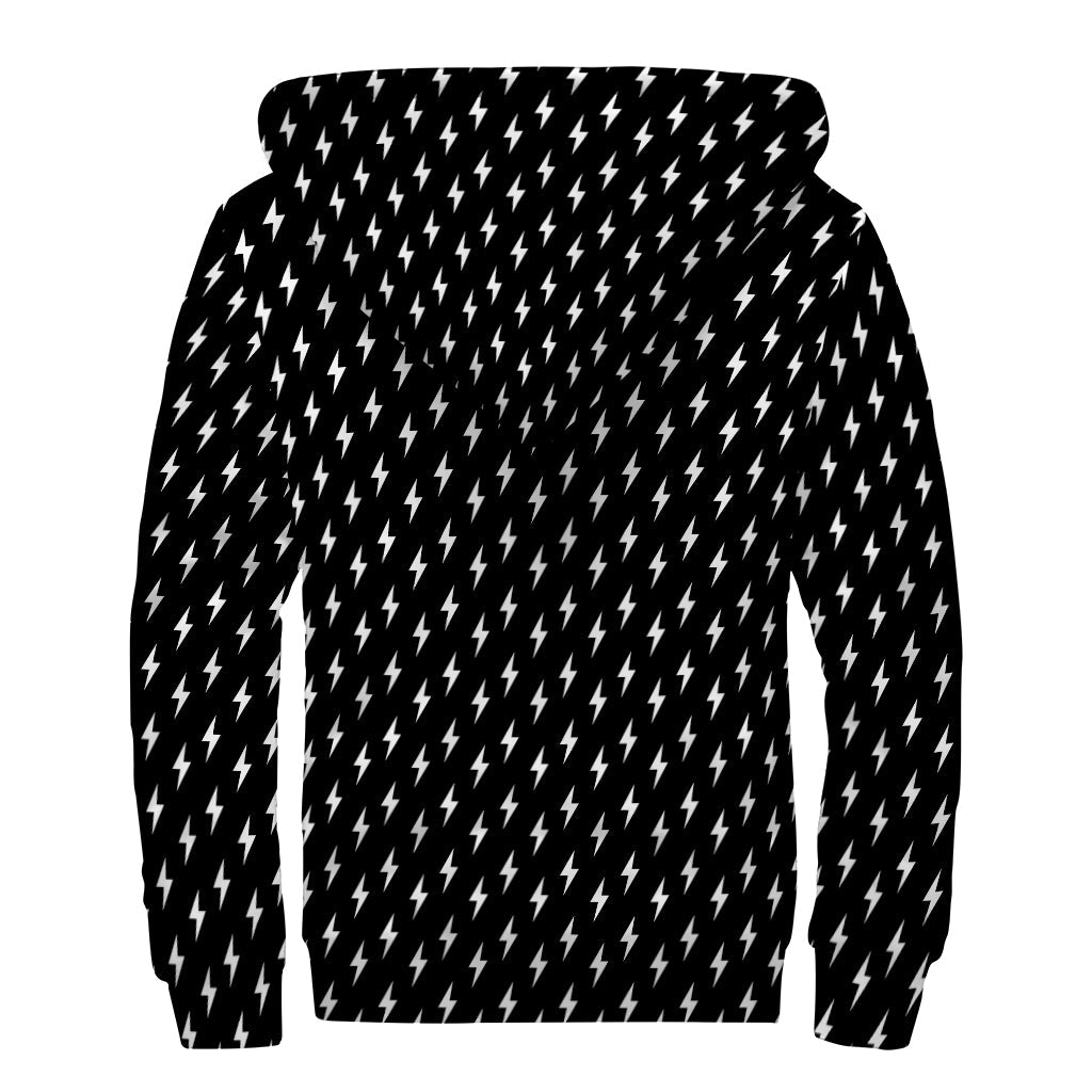 Black And White Lightning Pattern Print Sherpa Lined Zip Up Hoodie For Boho Hippie Autism