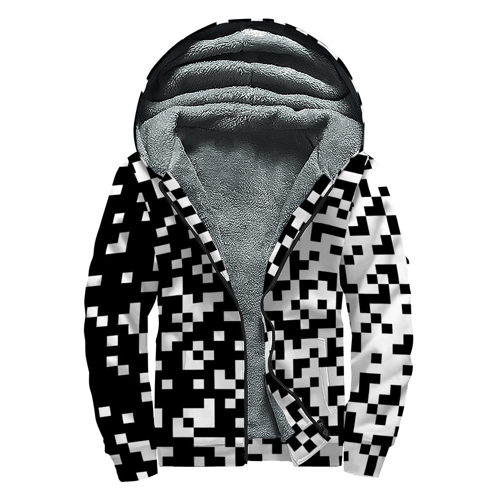 Black And White Pixel Pattern Print Sherpa Lined Zip Up Hoodie For Boho Hippie Autism