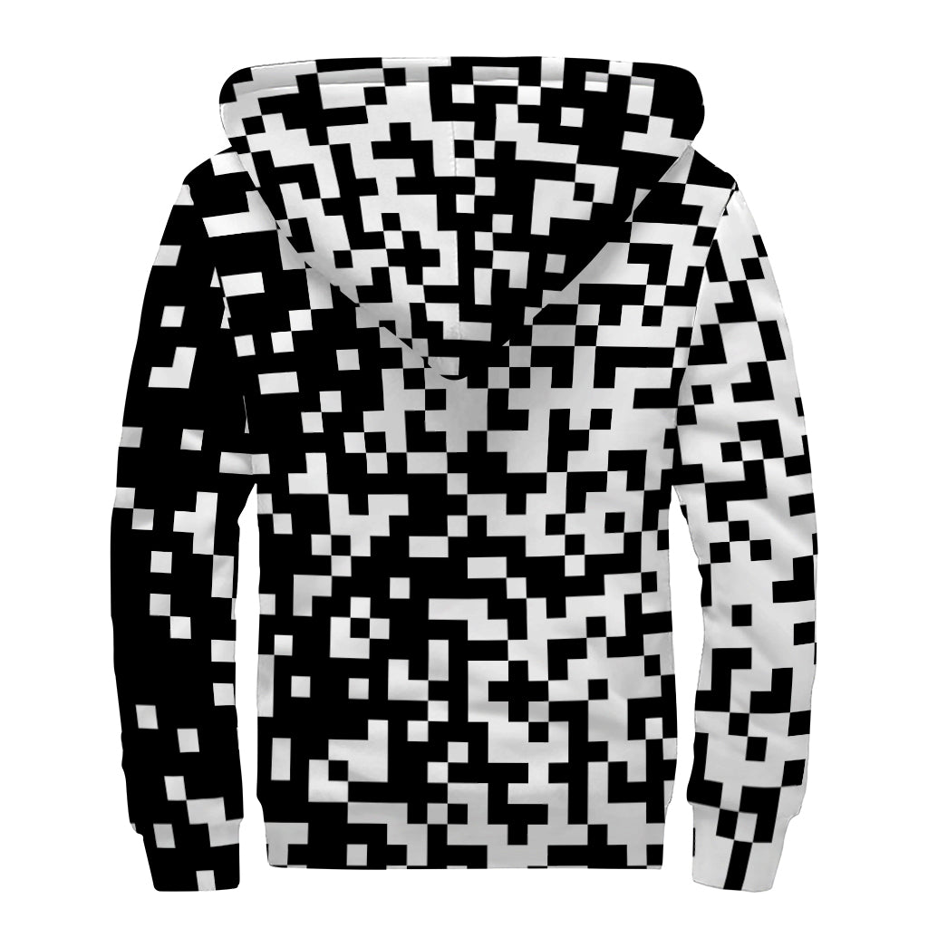 Black And White Pixel Pattern Print Sherpa Lined Zip Up Hoodie For Boho Hippie Autism