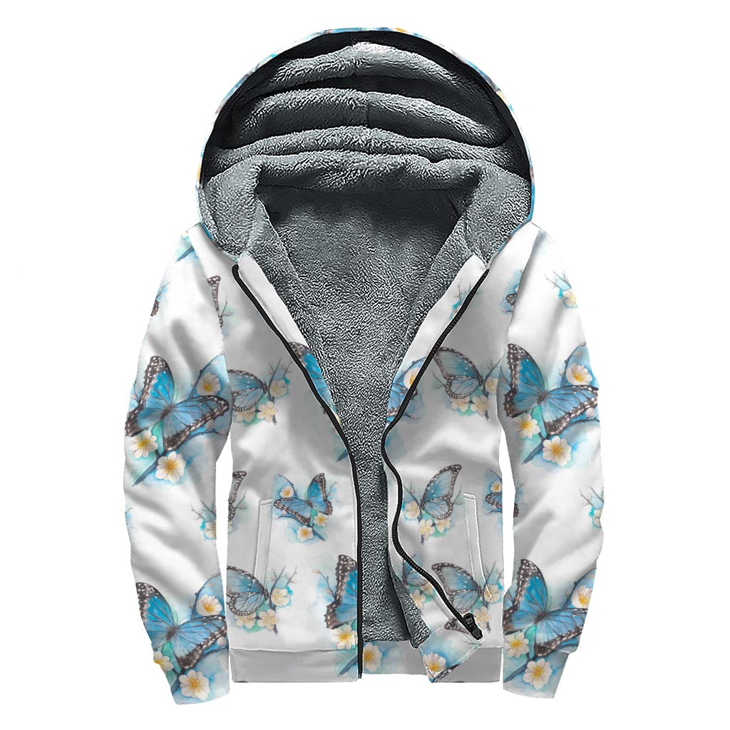 Blossom Blue Butterfly Pattern Print Sherpa Lined Zip Up Hoodie For Boho Hippie