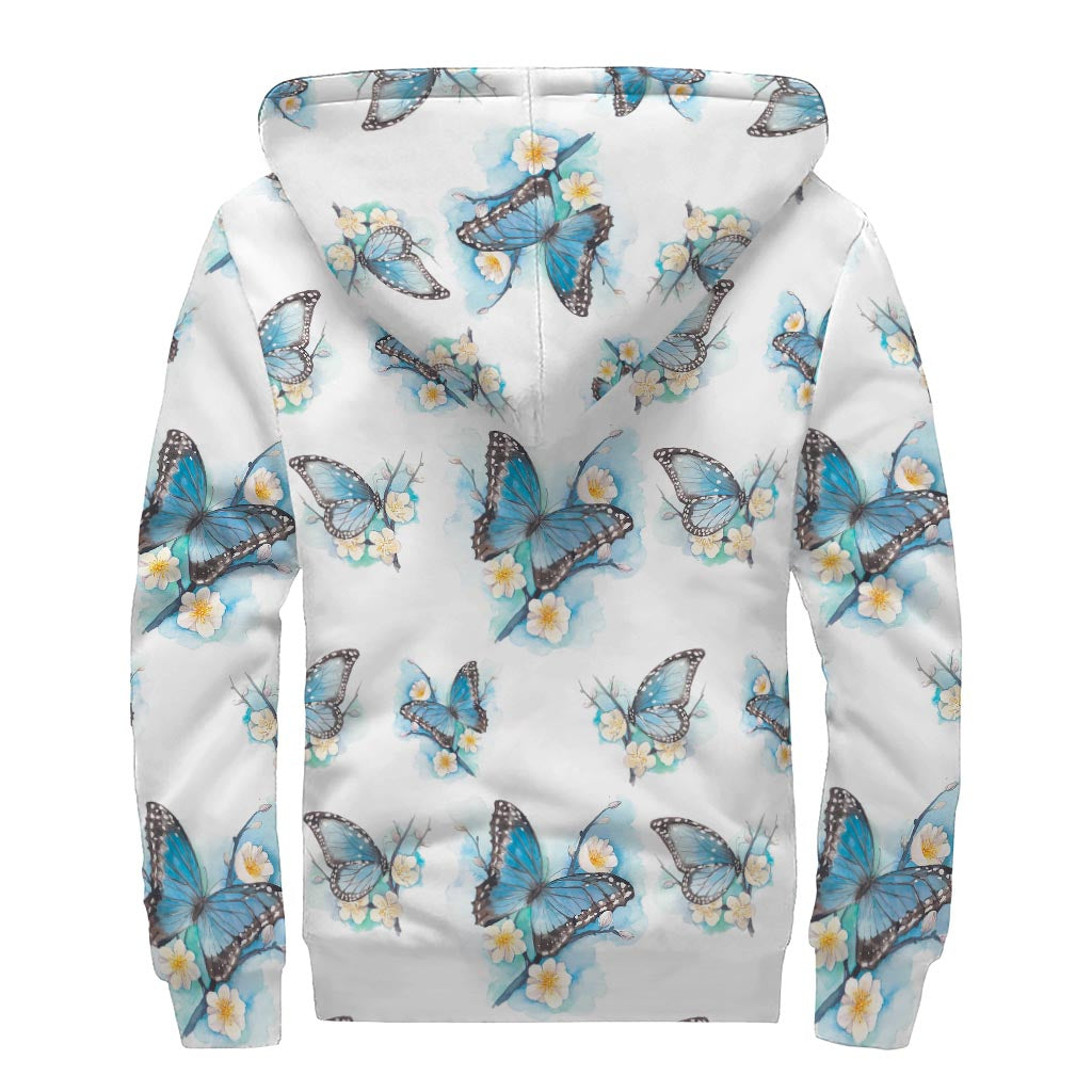 Blossom Blue Butterfly Pattern Print Sherpa Lined Zip Up Hoodie For Boho Hippie