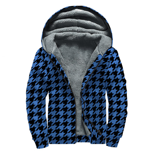Blue And Black Houndstooth Print Sherpa Lined Zip Up Hoodie For Boho Hippie Autism