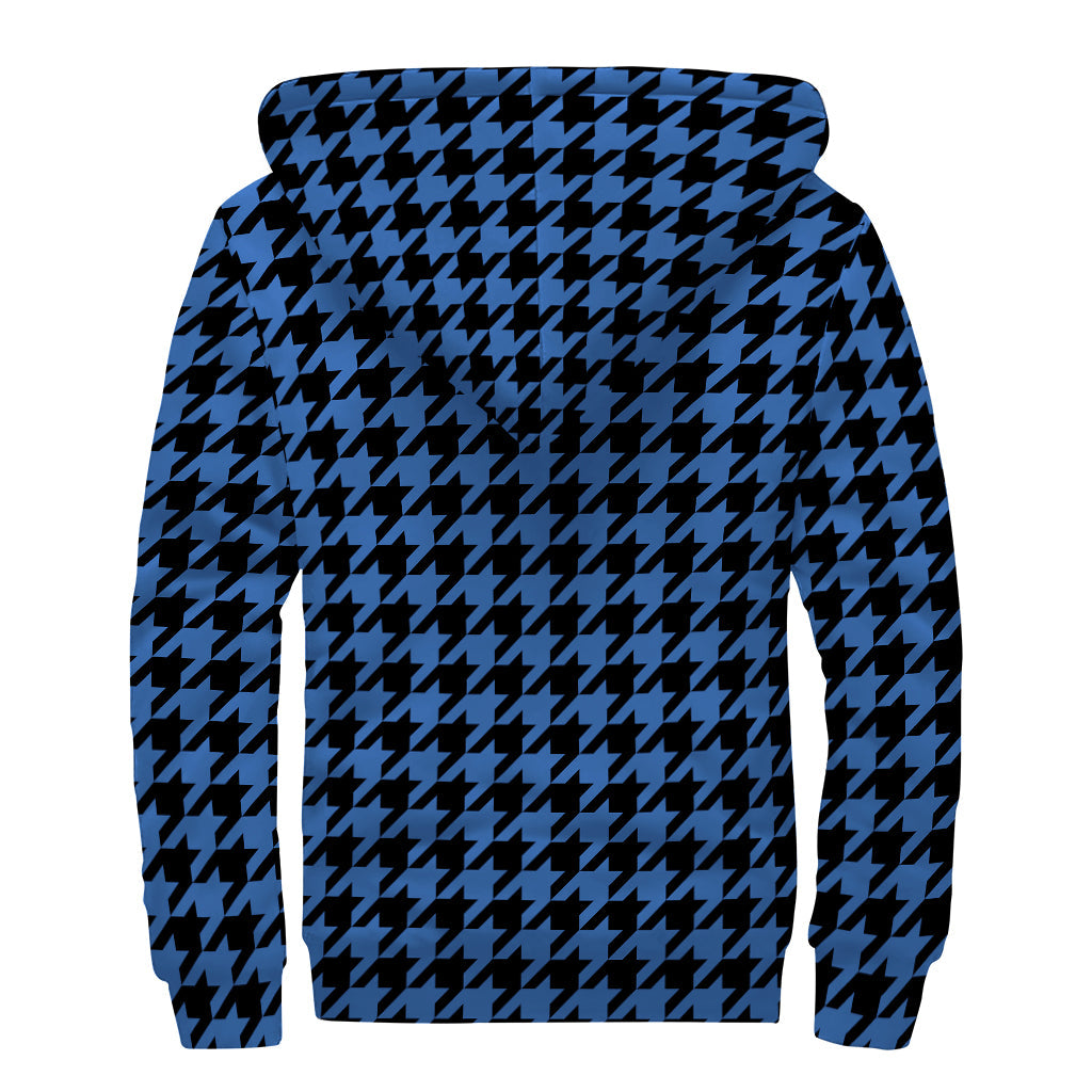 Blue And Black Houndstooth Print Sherpa Lined Zip Up Hoodie For Boho Hippie Autism