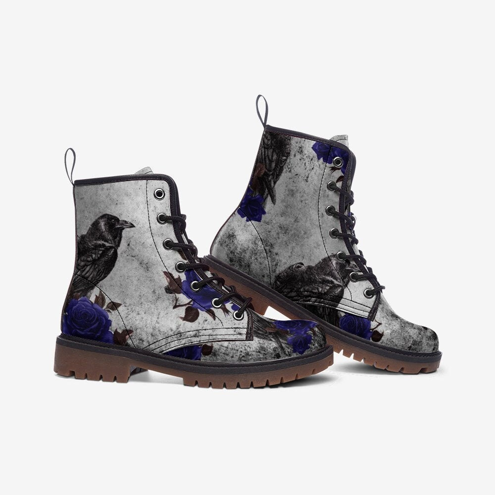 Hippie Art Zone - Blue Rose Raven Crow Casual Leather Lightweight Gothic Combat Boots