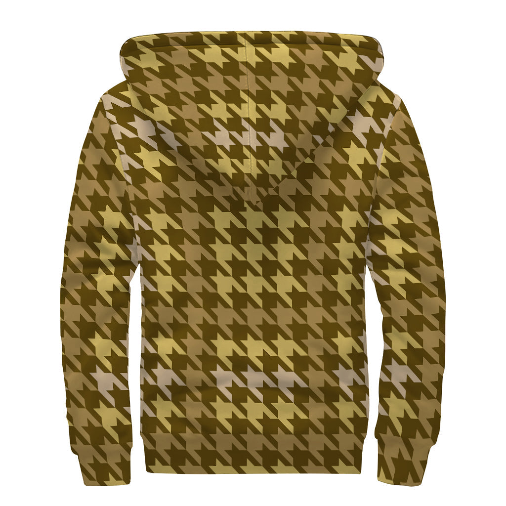 Brown And Tan Houndstooth Pattern Print Sherpa Lined Zip Up Hoodie For Boho Hippie Autism