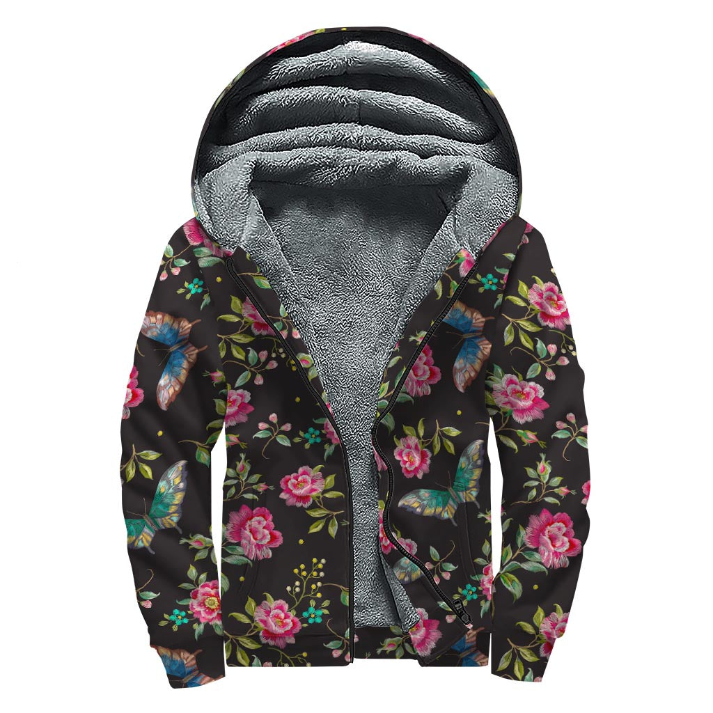 Butterfly And Flower Pattern Print Sherpa Lined Zip Up Hoodie For Boho Hippie