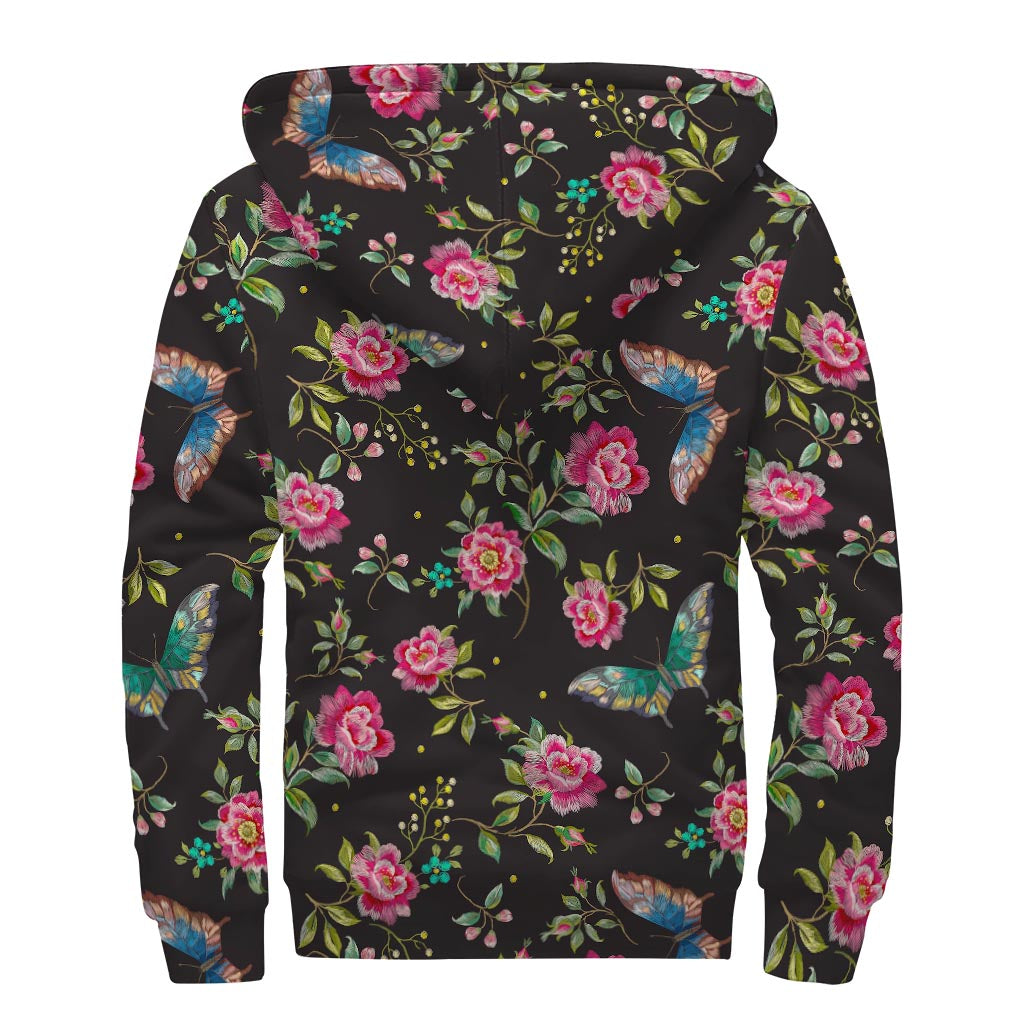 Butterfly And Flower Pattern Print Sherpa Lined Zip Up Hoodie For Boho Hippie