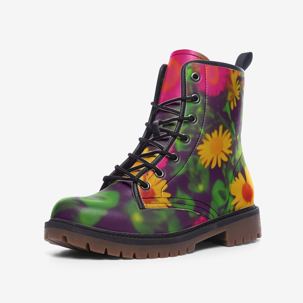 Hippie Art Zone - Yellow Daisy Flowers on Leather Lightweight Boots for Hippies