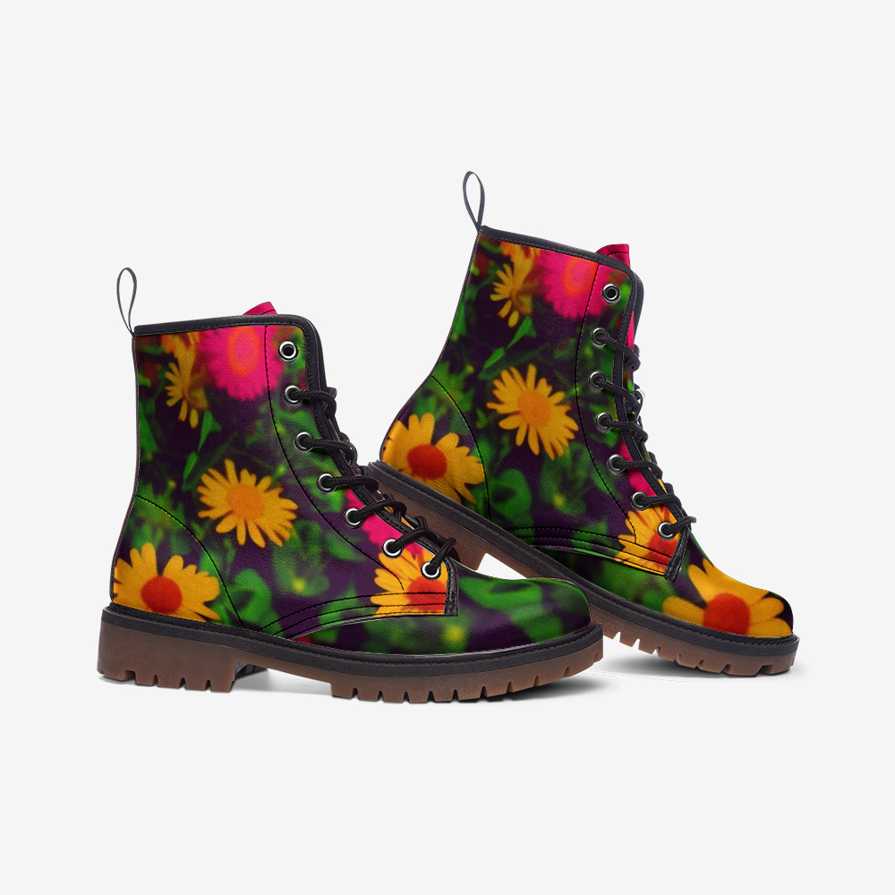 Hippie Art Zone - Yellow Daisy Flowers on Leather Lightweight Boots for Hippies