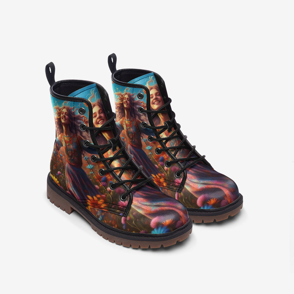 Hippie Art Zone - Happy Boho Girl on Leather Lightweight Boots for Hippies