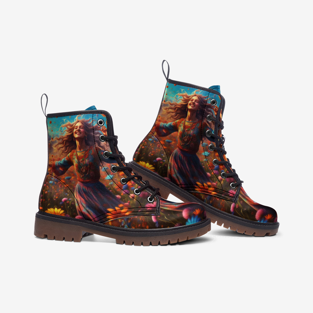 Hippie Art Zone - Happy Boho Girl on Leather Lightweight Boots for Hippies