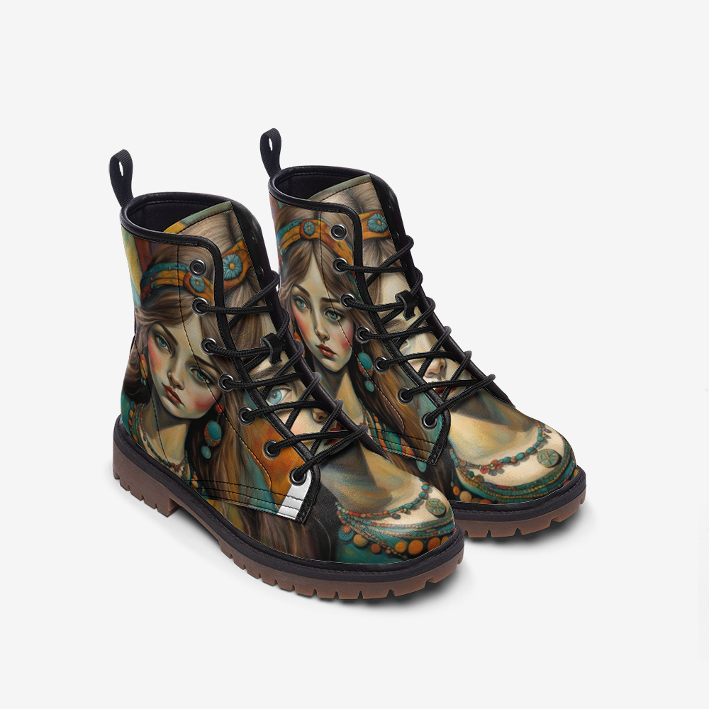 Hippie Art Zone - Rosy Red Cheeks Boho Girl Casual Leather Lightweight Boots For Hippies