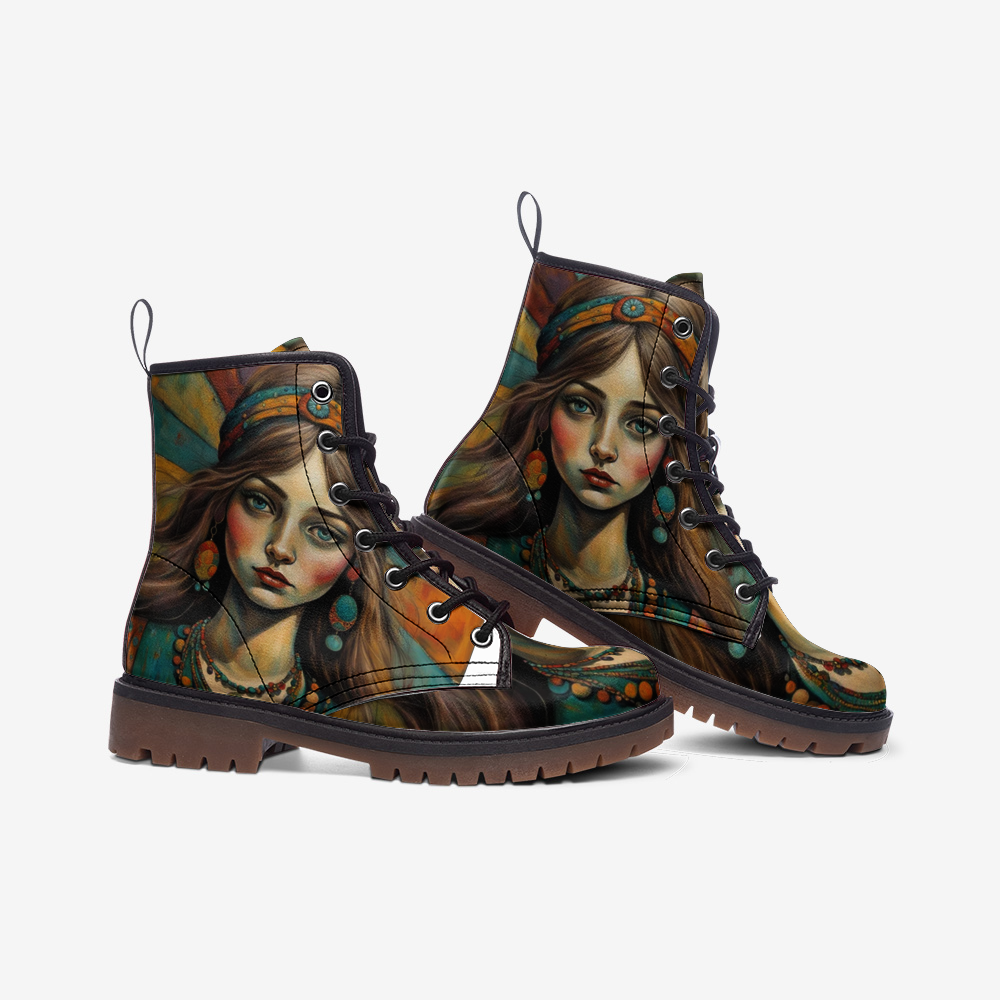 Hippie Art Zone - Rosy Red Cheeks Boho Girl Casual Leather Lightweight Boots For Hippies