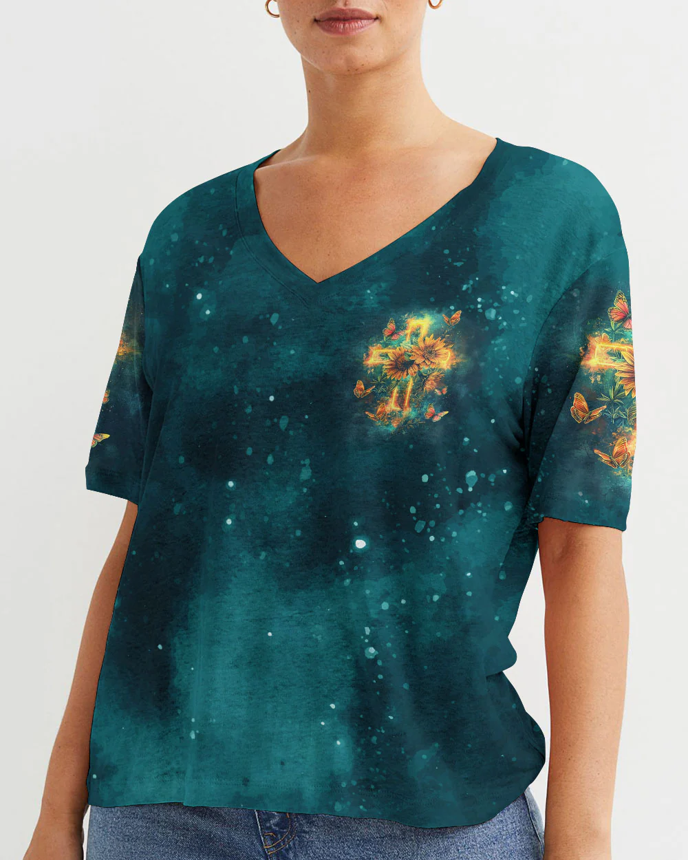 Hippie Art Zone - I Believe In God Cross Sunflower Women'S  Shirt. For Hippie