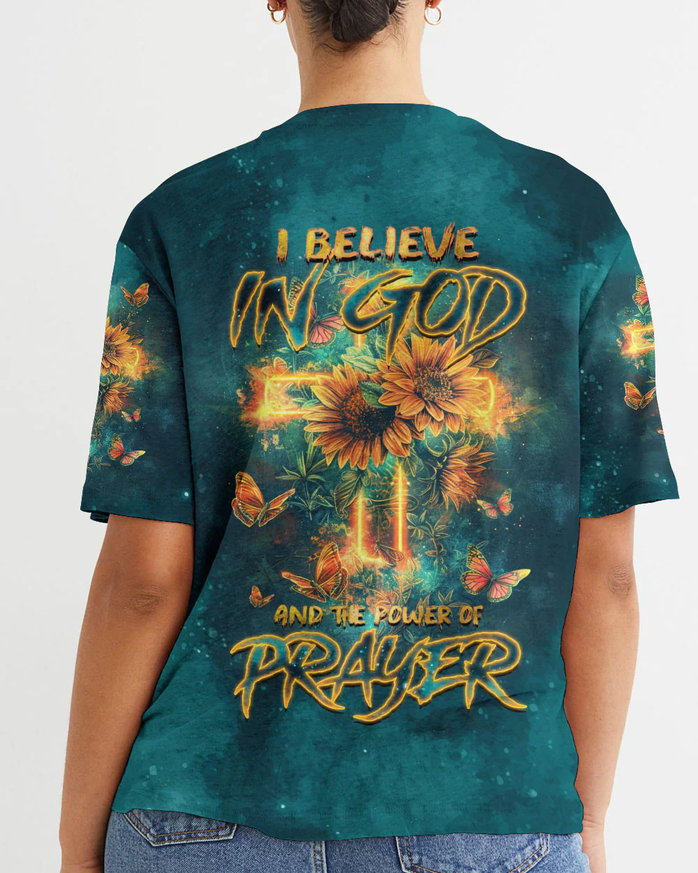 Hippie Art Zone - I Believe In God Cross Sunflower Women'S  Shirt. For Hippie