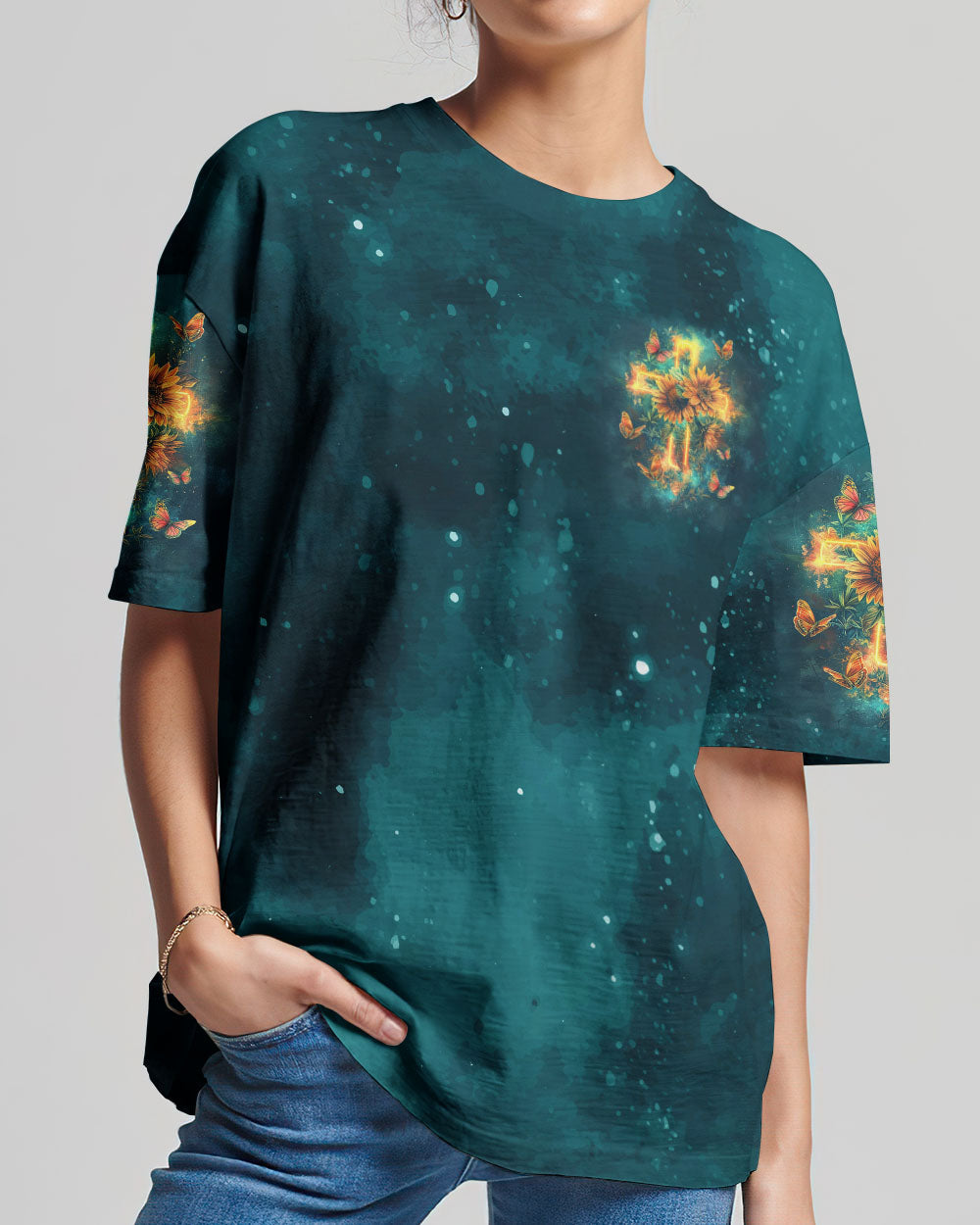 Hippie Art Zone - I Believe In God Cross Sunflower Women'S  Shirt. For Hippie