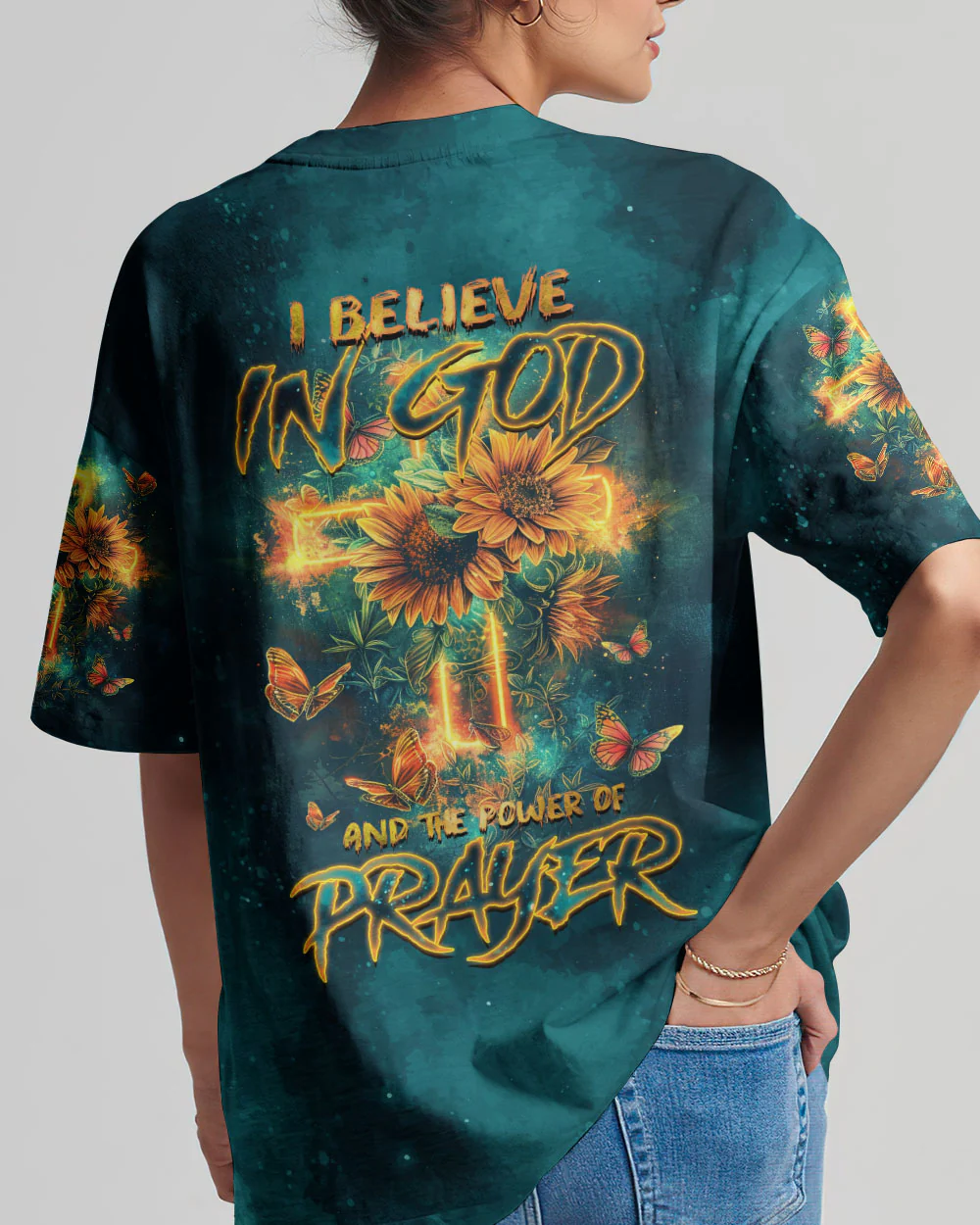 Hippie Art Zone - I Believe In God Cross Sunflower Women'S  Shirt. For Hippie