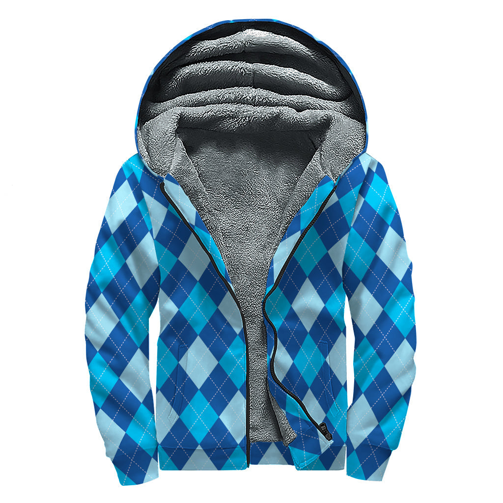 Classic Blue Argyle Pattern Print Sherpa Lined Zip Up Hoodie For Boho Hippie Autism