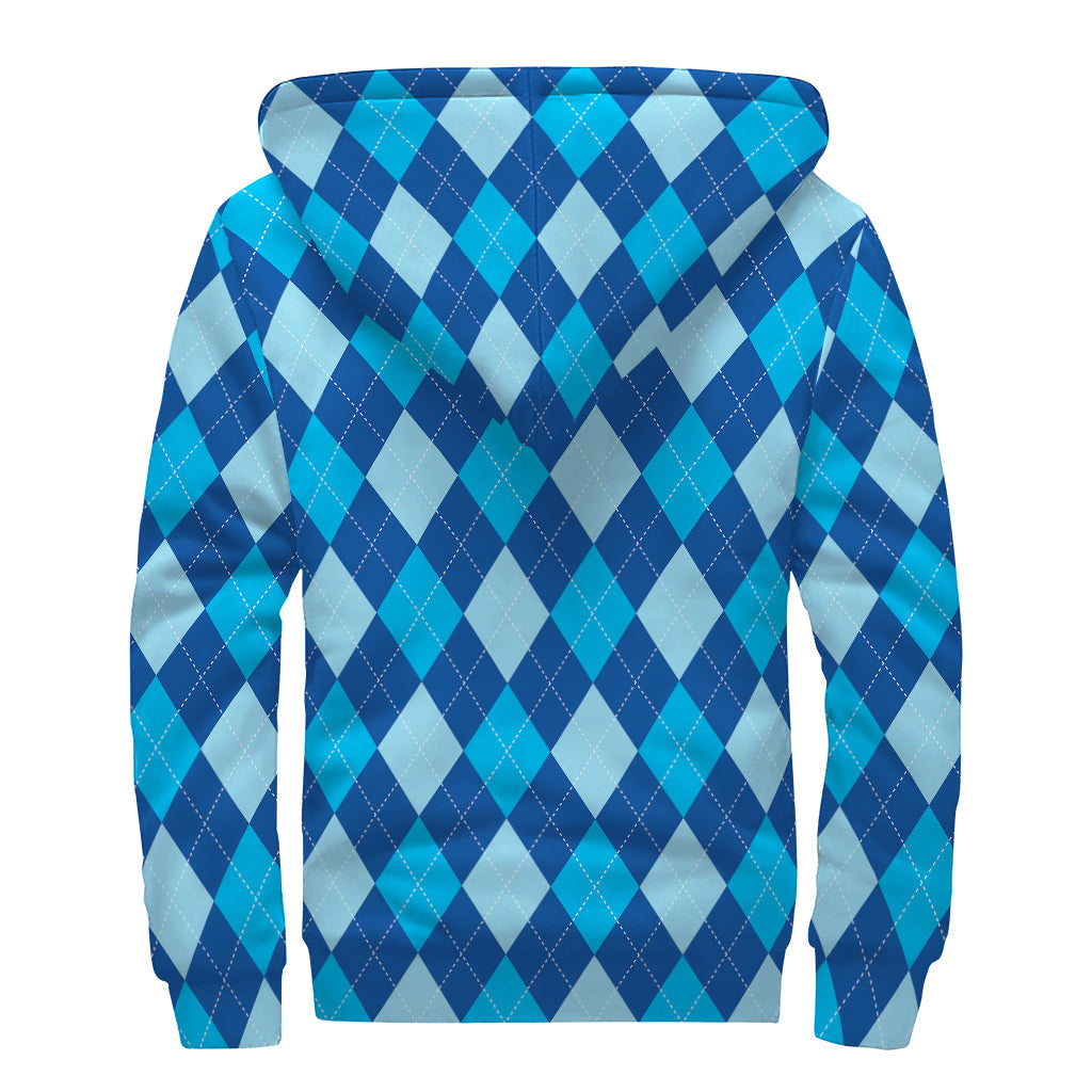 Classic Blue Argyle Pattern Print Sherpa Lined Zip Up Hoodie For Boho Hippie Autism