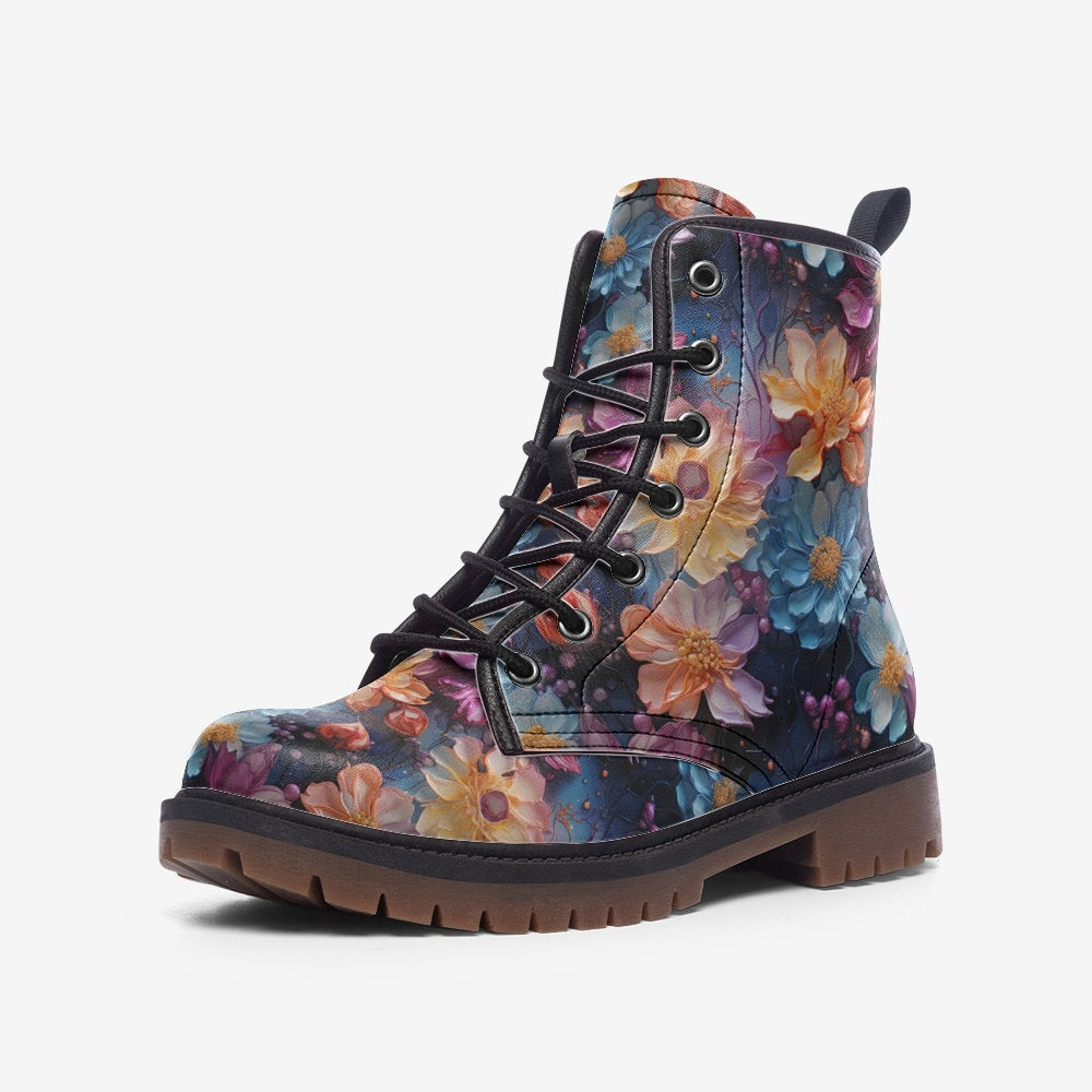 Hippie Art Zone - Colorful Floral Casual Faux Leather Lightweight Boots