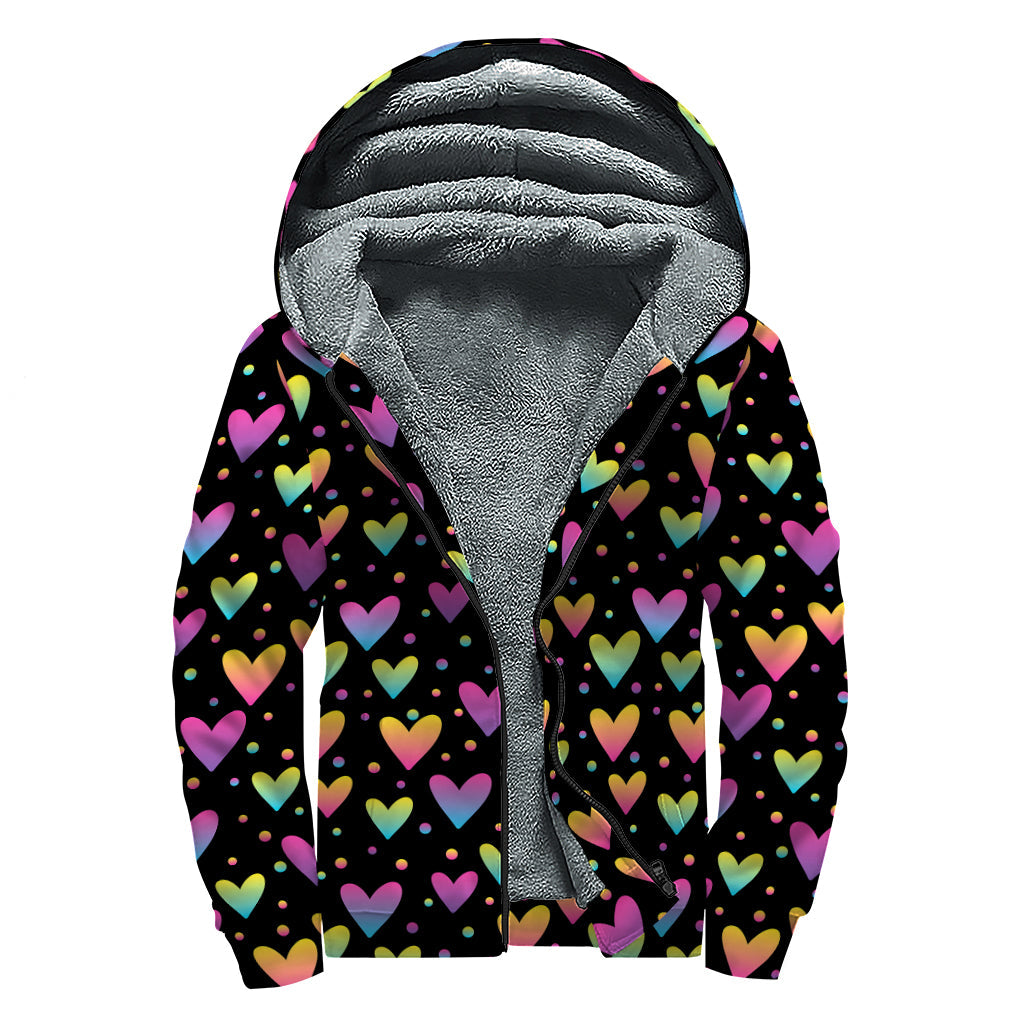 Colorful Heart Pattern Print Sherpa Lined Zip Up Hoodie For Boho Hippie Autism