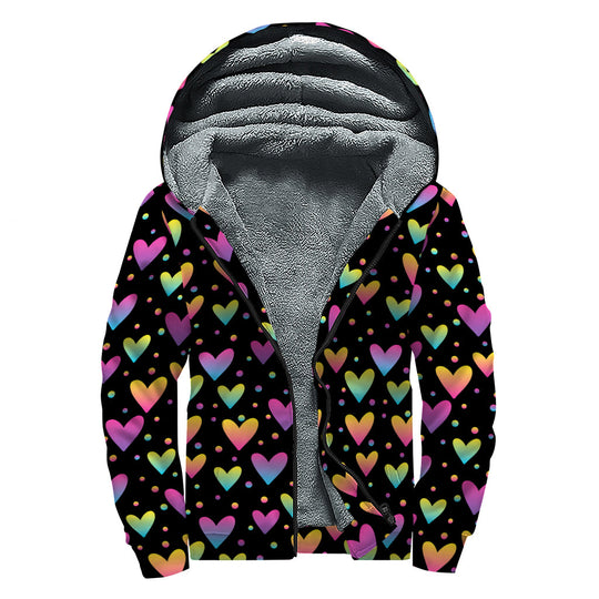 Colorful Heart Pattern Print Sherpa Lined Zip Up Hoodie For Boho Hippie Autism