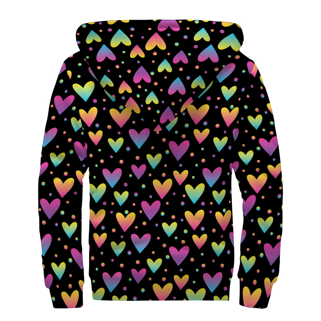 Colorful Heart Pattern Print Sherpa Lined Zip Up Hoodie For Boho Hippie Autism